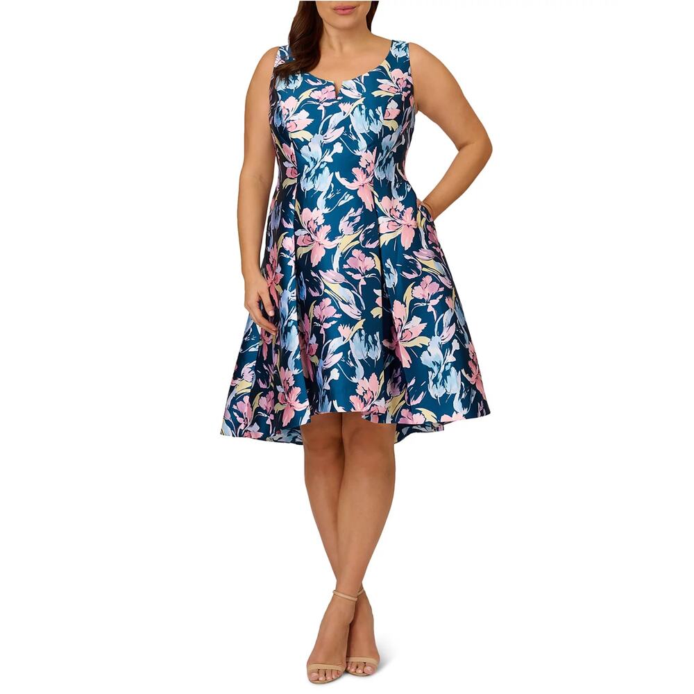 Adrianna Papell Floral Print Fit and Flare High-Low Cocktail Dress Blue Size 14W